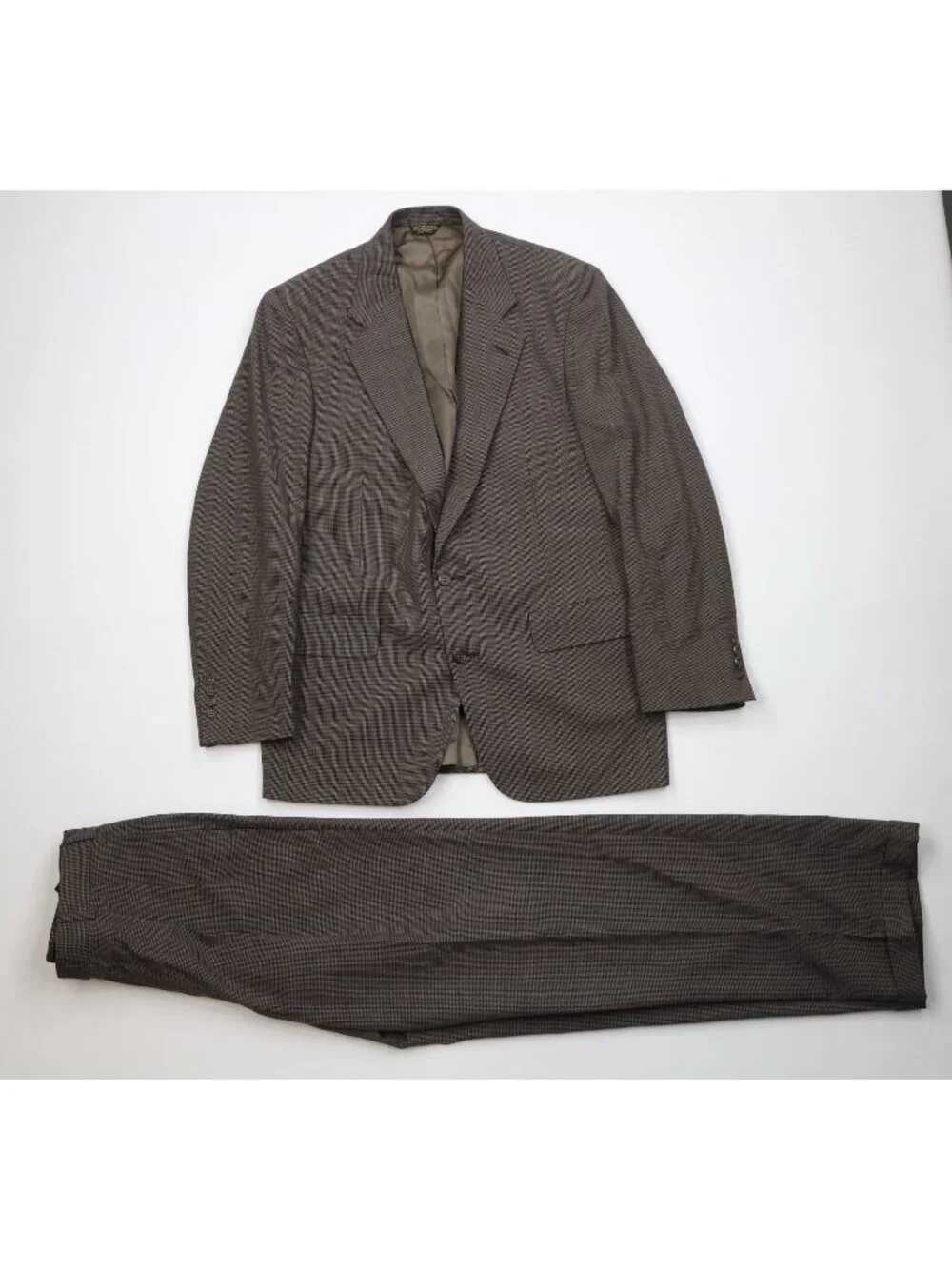 Vtg 70s Mens 40L 2 Piece Wool Houndstooth Suit Wedding Brown Wide Leg 32x33 USA